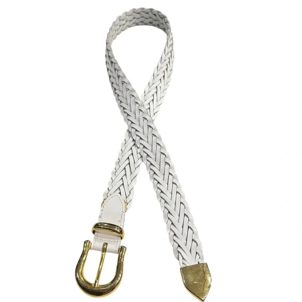 VTG Capezio Genuine Leather White Braided Belt Gold Buckle | Size S | Adjustable
